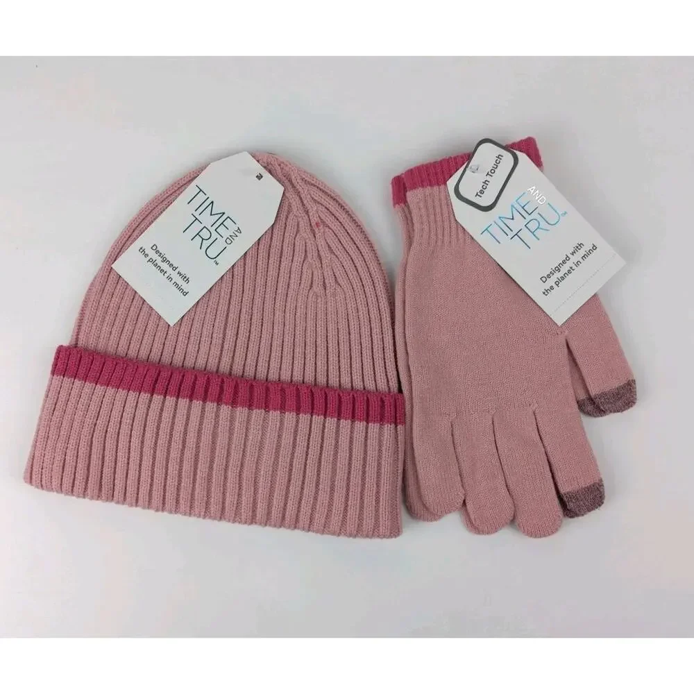 Time and Tru Women's Striped Beanie With Gloves, One Size Fits Most, Dusty Rose